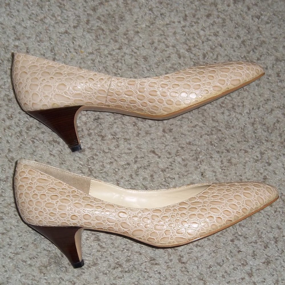 Beige Croc-Embossed Kitten Heel Pumps
